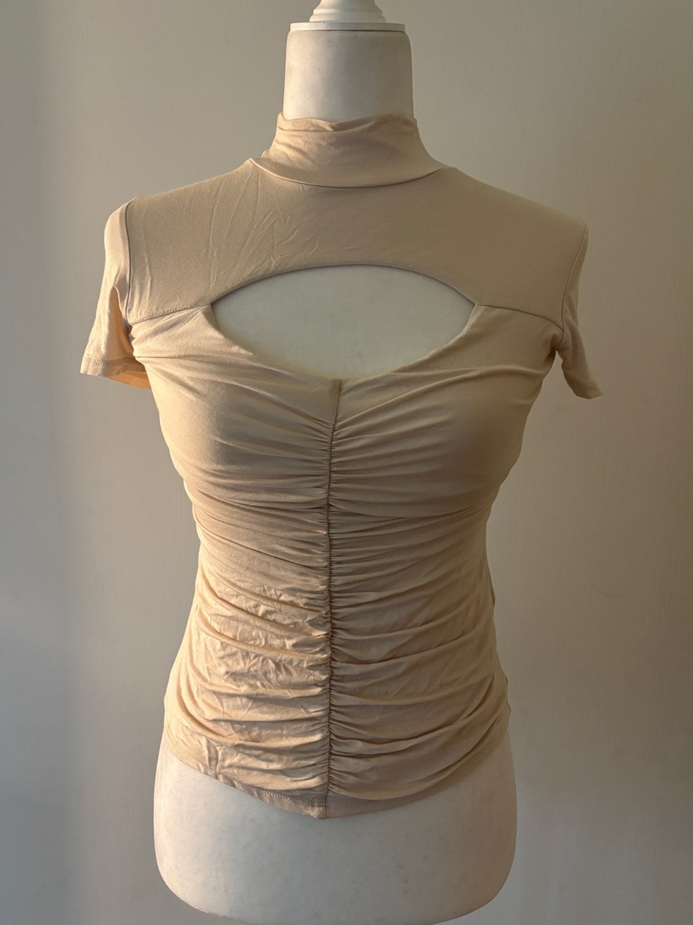 Guess Cream Ruched Mock Neck Crop Top with Front Cutout